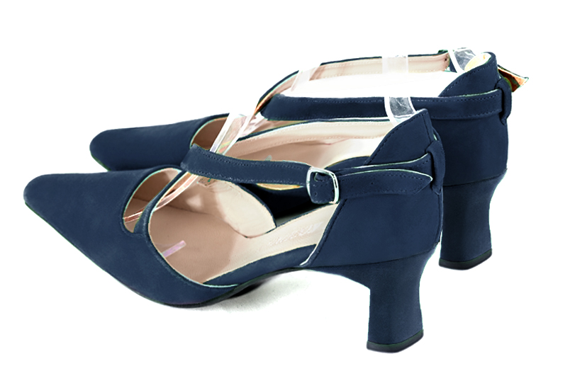 Navy blue women's open side shoes, with crossed straps. Tapered toe. Medium spool heels. Rear view - Florence KOOIJMAN